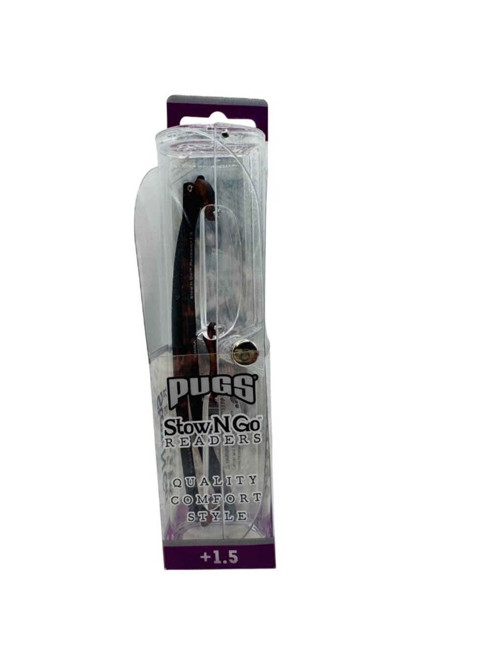 Pugs Stow N Go BROWN Readers +1.5 With Ultra-Lite Rimless Design & Protective Ca
